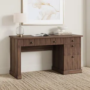 Modern Fluted Executive Desk 54" – Wooden Writing Computer Table with File Drawers, Storage Cabinet & Charging Station – Home Office or Small Spaces – Brown