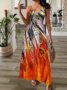 Feather Art Print Adjustable Strap Dress