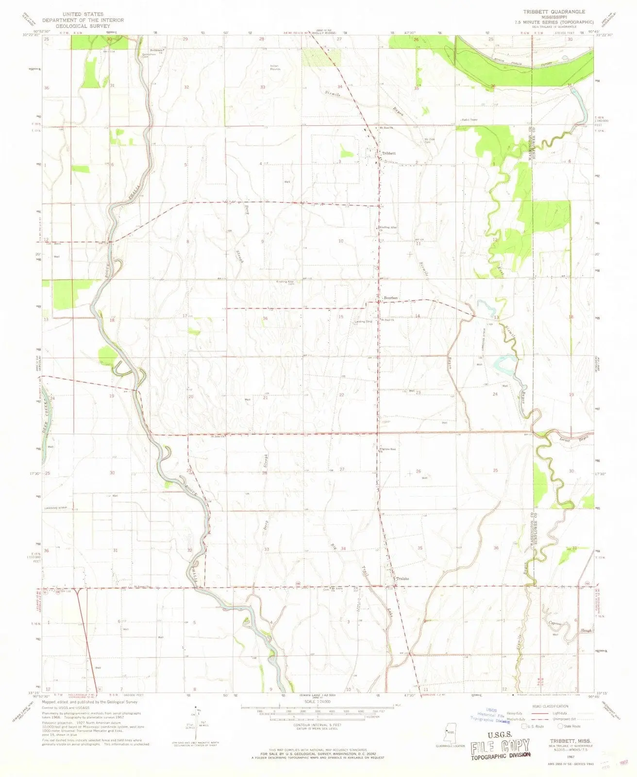 Tribbett Mississippi USGS Topographic Quadrangle Map, 1967, 1:24000