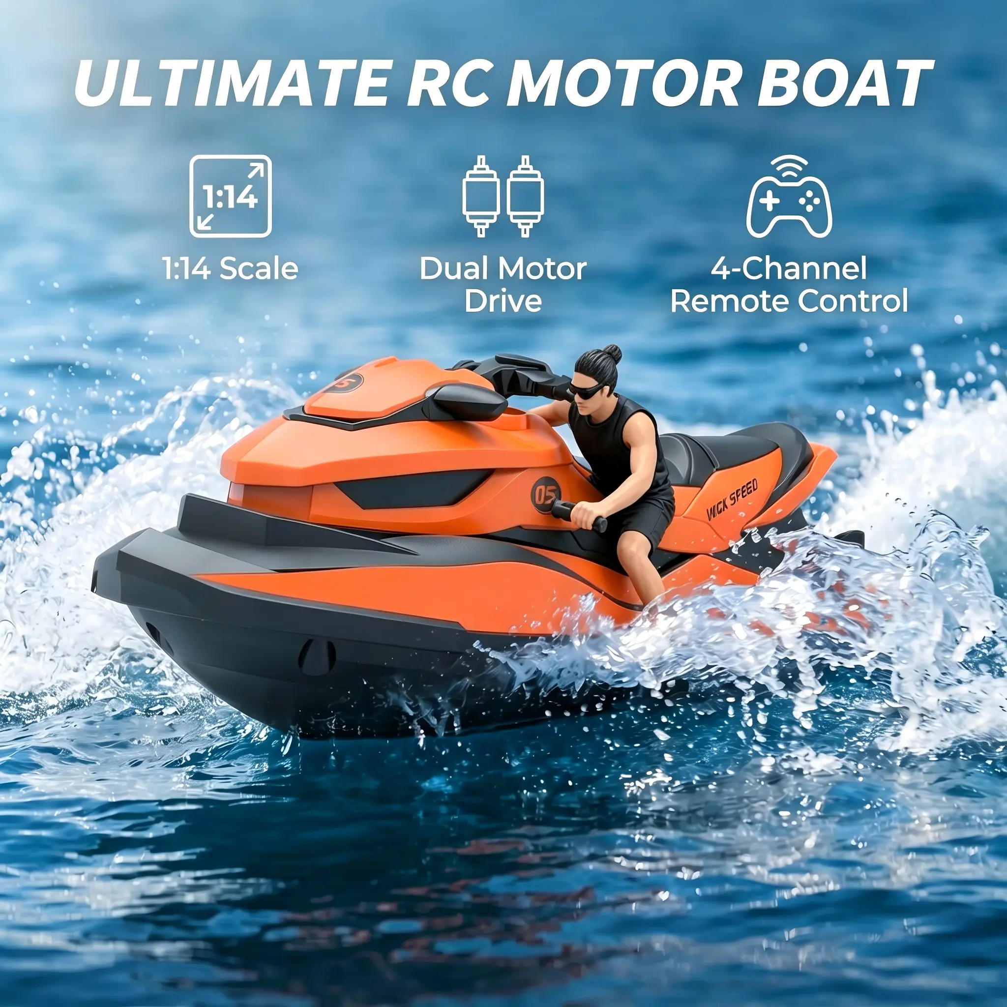 2.4GHz Remote Control RC Jet Ski for Kids, Dual Motor Waterproof RC Boat with Water Sensor Auto Start, 50M Long Range Rechargeable Water Toy, Pool Lake Outdoor Toy Birthday Gift for Boys Girls