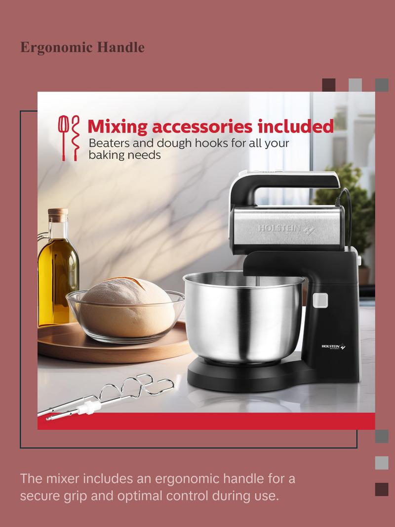 Holstein Housewares 5-Speed Hand and Stand Mixer with LED Light & 2.9QT Stainless Steel Bowl for Versatile Kitchen Use