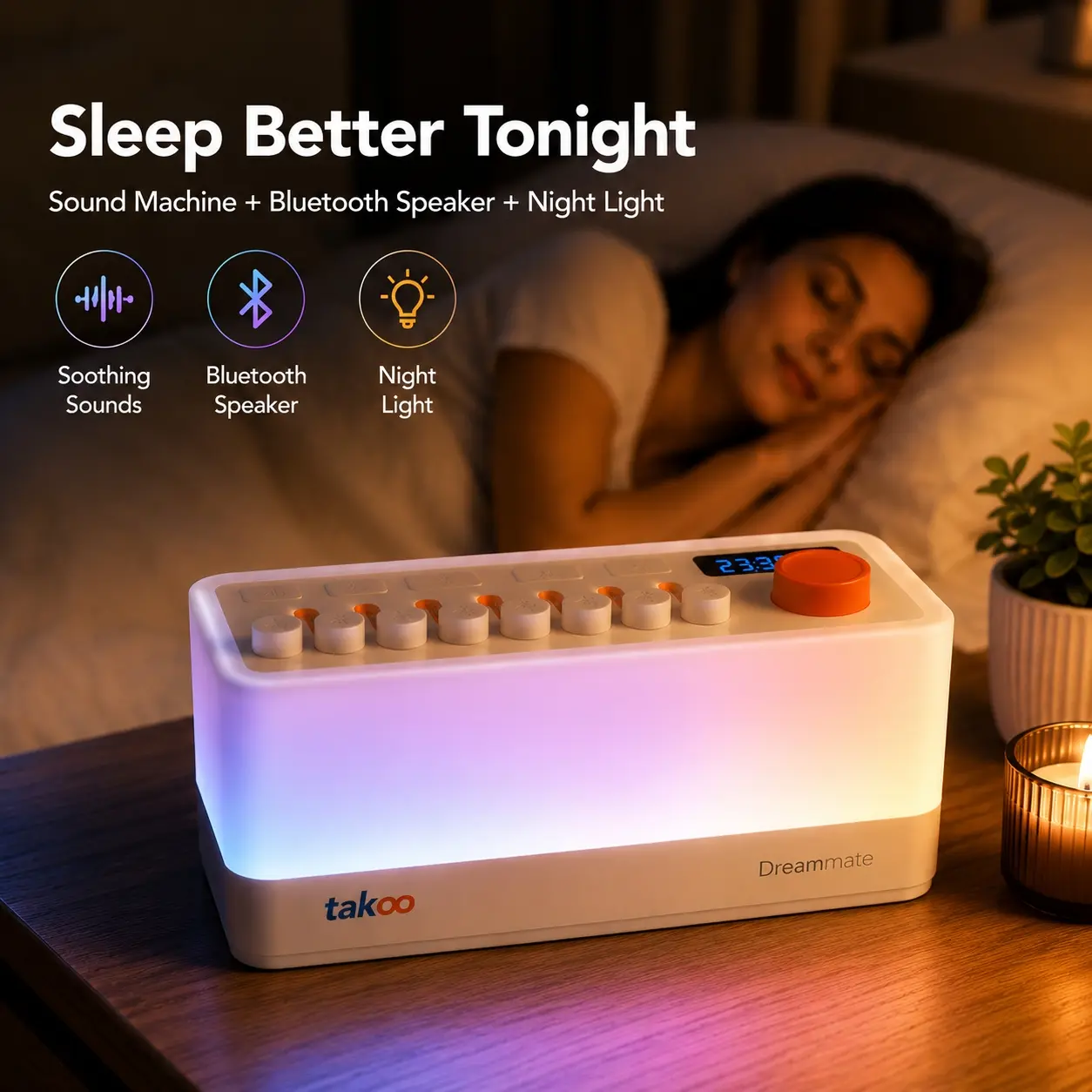 TAKOO 3-in-1 Multifunctional Desktop Speaker - Rechargeable Stereo Sound System, White Noise Machine, Night Light with 8 DIY Mixable Noises, 11 Ambient Lights, 180-Min Timer for Sleep Aid, Nursery | Music Gifts, Chill Room Accessories, Rechargeable Stereo
