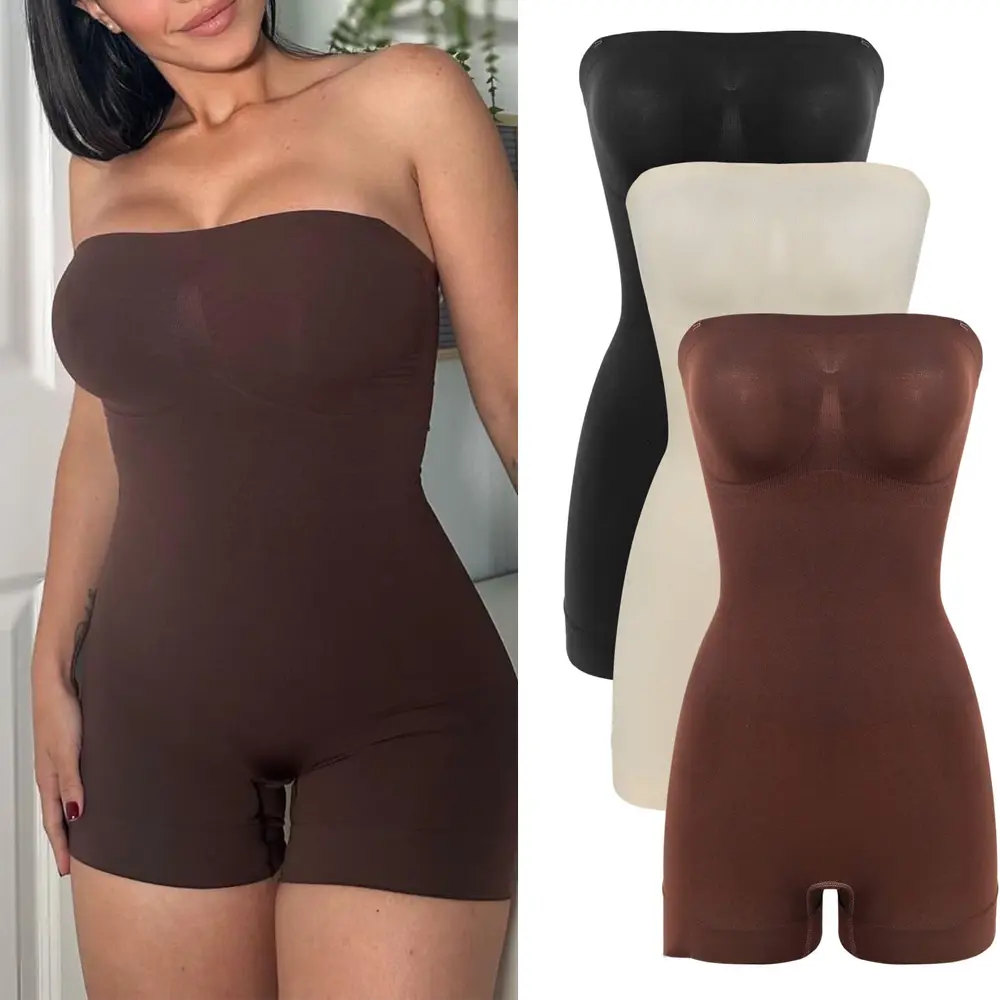 Women's Basic Strapless Elastic Waistband Spaghetti Strap Shapewear Bodysuit - Removable Straps, Comfortable Tummy Control Compression Shortie with Butt Lifter, Adjustable, Detachable, Shaper, Cute