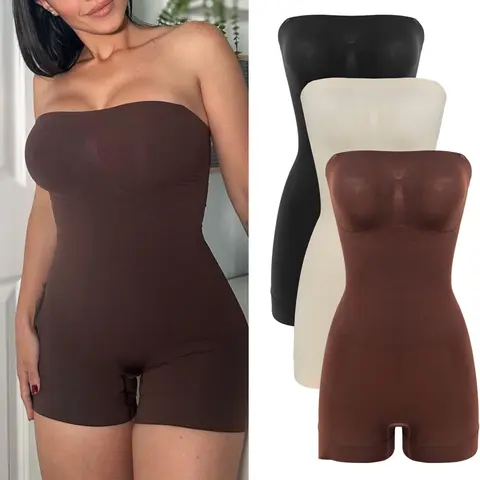 Women's Basic Strapless Elastic Waistband Spaghetti Strap Shapewear Bodysuit - Removable Straps, Comfortable Tummy Control Compression Shortie with Butt Lifter, Adjustable, Detachable, Shaper, Cute