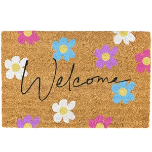 Welcome Spring Doormat - Floral Purple & Blue Flower Welcome Mat