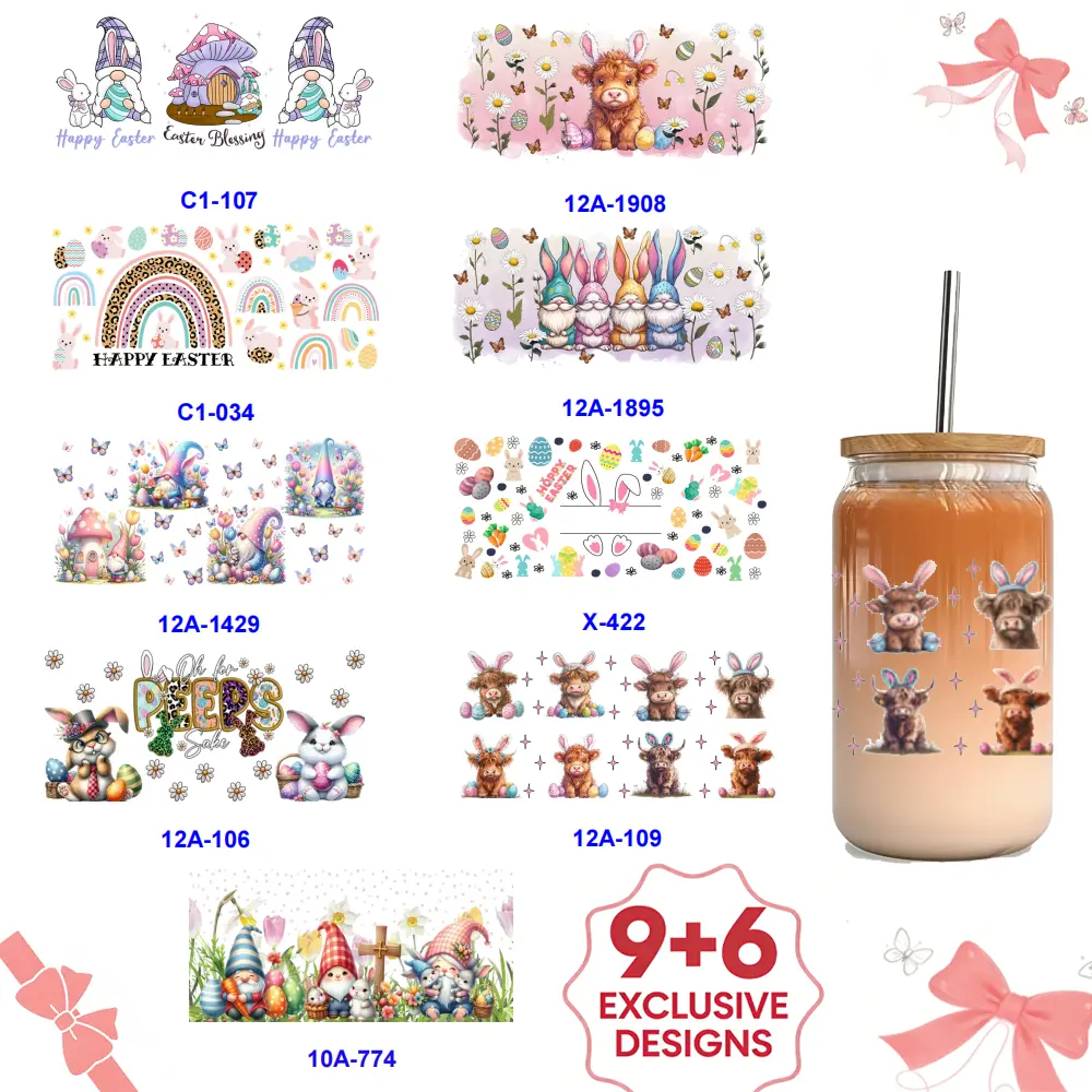 Easter-themed stickers, including 15pcs 16oz cups stickers ,  26pcs pen stickers set, and  28pcs mini cup keychain stickers set