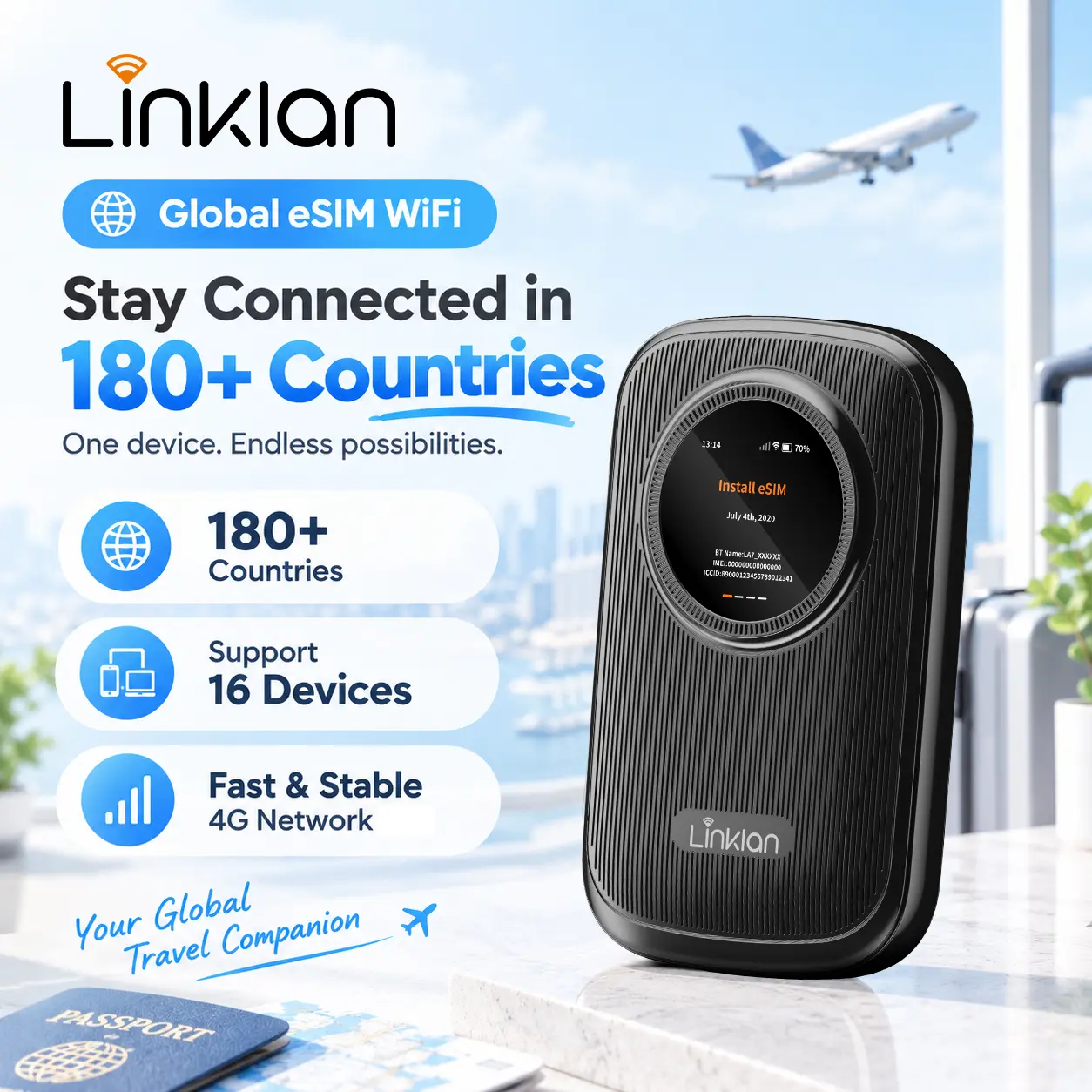 Linklan Global Portable Pocket eSIM Wireless WiFi Hotspot - 4G LTE Cellular Portable Modem, 802.11.n Dual-Band, Multi-Carrier Support, No SIM Contract, High Capacity Battery Powered, Ideal for Travel/Business, 5GB Free U.S. Data for Multiple Devices