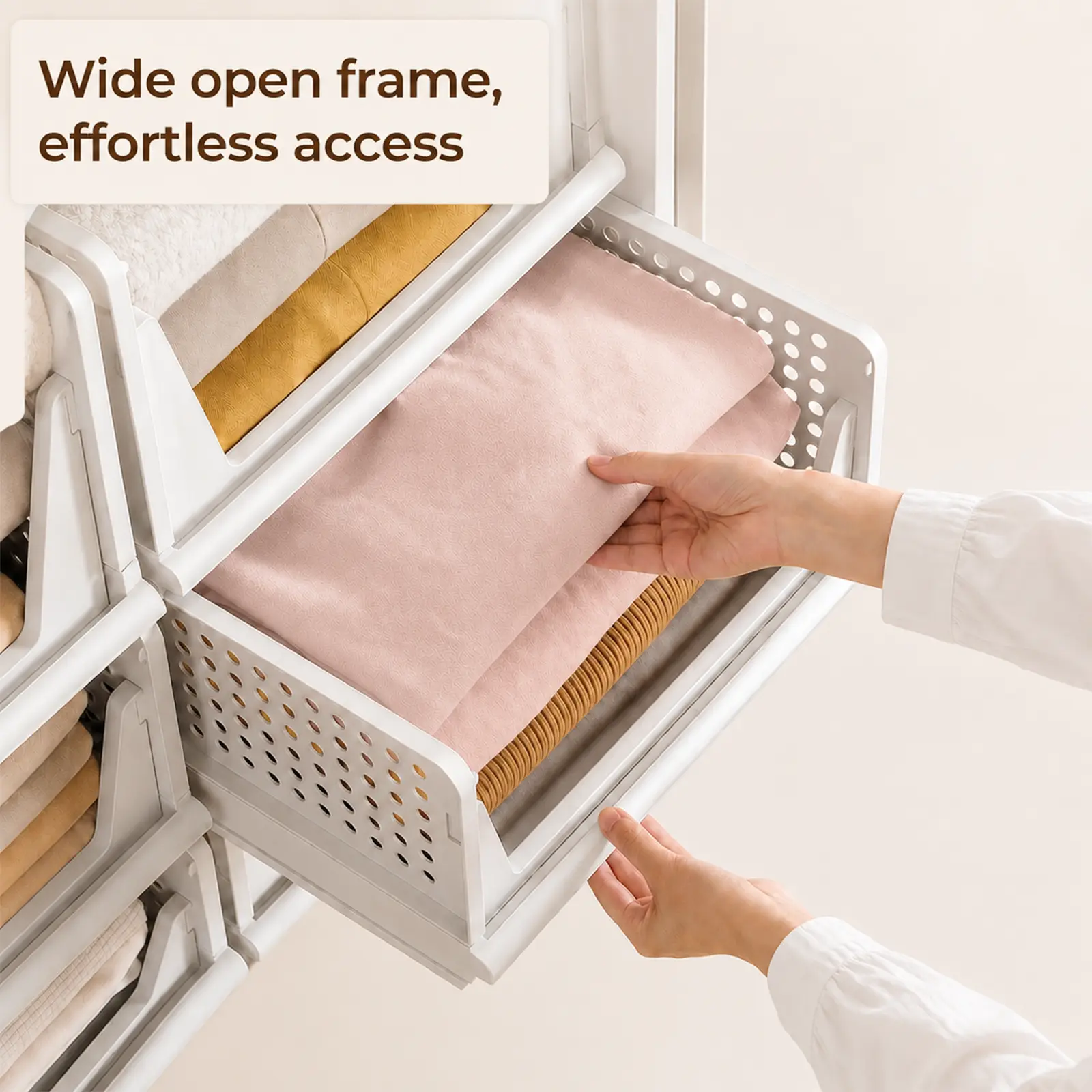 Wardrobe storage basket set (5–10 pieces), multifunctional wardrobe organizer suitable for bathrooms, kitchens, laundry rooms, and wardrobes; space-saving clothing organizer, white