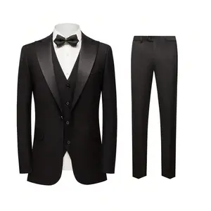 Three-Piece Black Slim Fit Solid Color Peaked Lapel Tuxedo Jacket Blazer for Formal Occasions Such As Parties Proms and Weddings