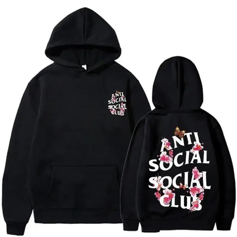 Women's Ribbed Long Sleeve Casual Floral Graphic Hoodie, Anti-Social Introvert Quote Back Print, Unisex Streetwear Pullover Tops Sweatshirts, Trendy Fashion Gift, Cotton, All Season, Heavy Fabric