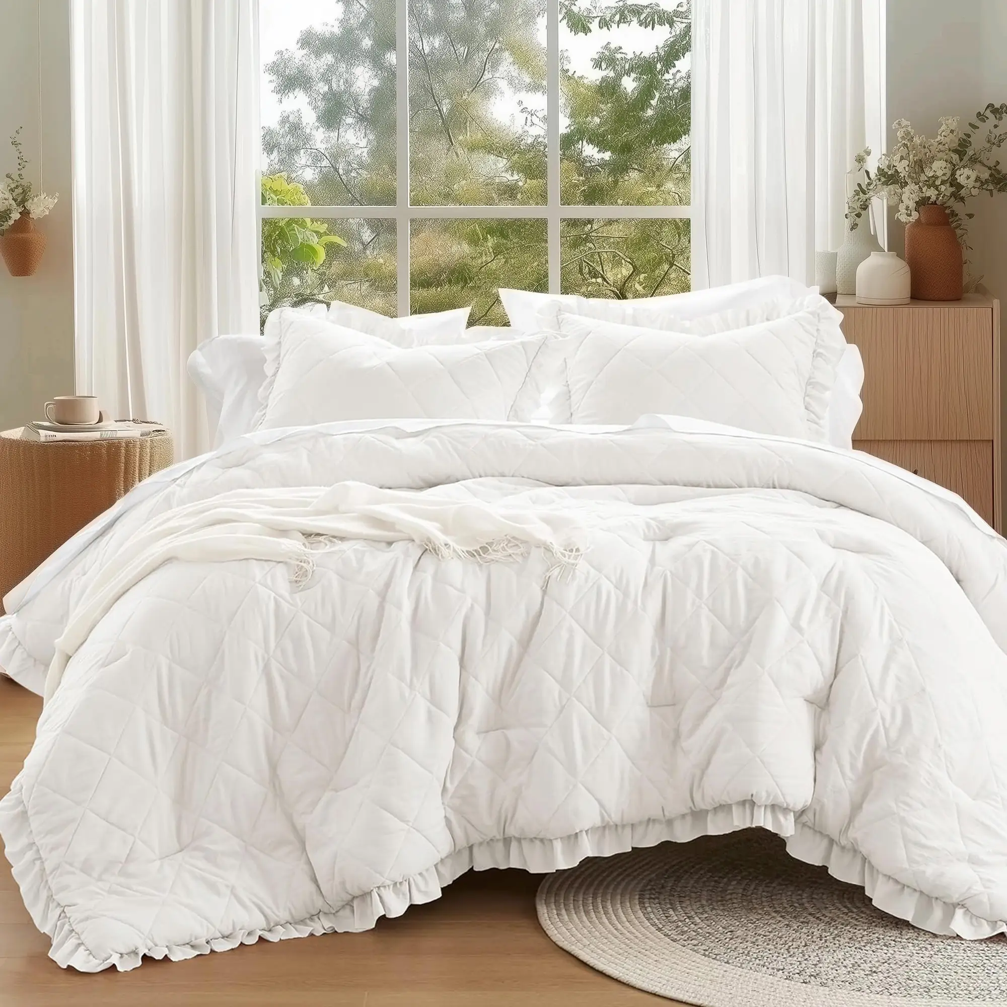 Comforter Set Ruffle Shabby Chic Comforter, Prewashed Microfiber, 3 Piece with Top Quilted Diamond Patterning & Overlapping Shams for All Seasons