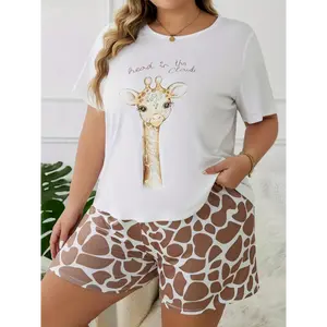 Women's Cute Animal Pajamas Set, Plus Size Cartoon Giraffe Print Short Sleeve Top & Shorts Lounge 2 Piece Set