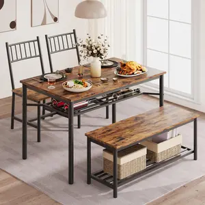 GARVEE Rustic Gray Dining Table Set for 4 with Wine Rack, Sturdy Bench, Space-Saving Design, and Adjustable Feet - Perfect for Small Spaces and Stylish Dining Experiences.