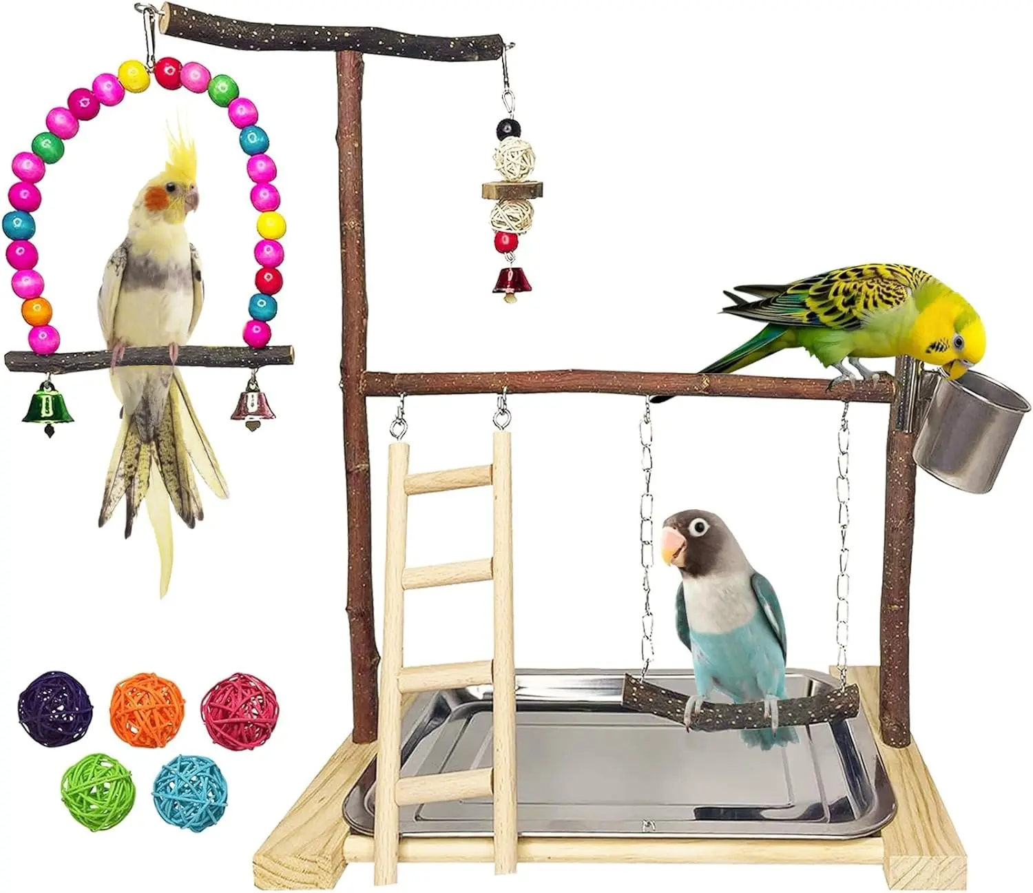 Bird Playground Parrot Playstand Parakeet Gym Playpen Cockatiel Play Stand Wood Perch Exercise Activity Center Ladders Feeder Cups Cage Accessories Swing Chew Toys for Cockatoo Budgie Lovebird Finch