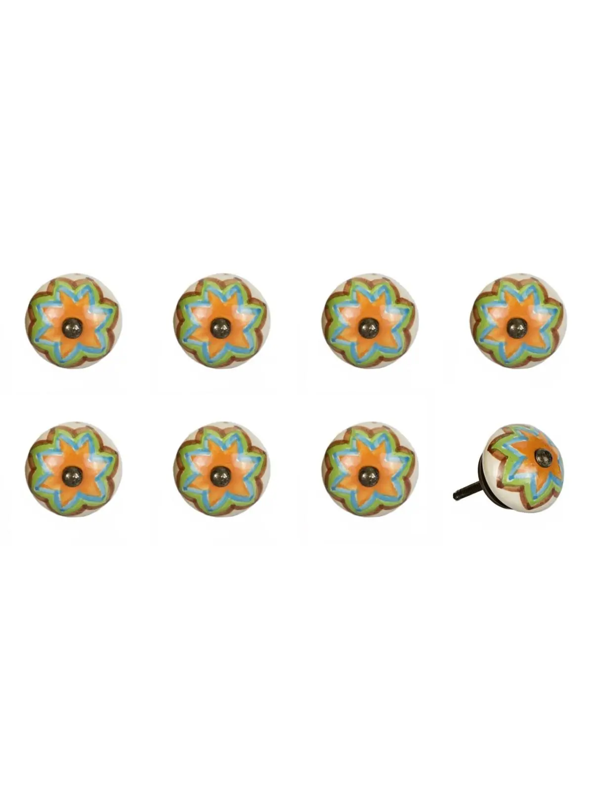 HomeRoots 544438 Flower-Patterned Hand-Painted Blue & Orange Ceramic & Metal Drawer Pulls & Doorknobs, 1.5x1.5 in, Set of 8 - Improves Furniture Appearance for Living Room Large Appliance Parts & Accessories