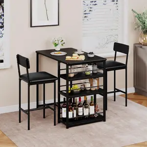 【GARVEE】Bar table with bar stool set, 3-piece for 2 persons with 2 upholstered bar stools, backrest, kitchen table with 3 shelves, bar for dining room, kitchen, modern style, vintage brown