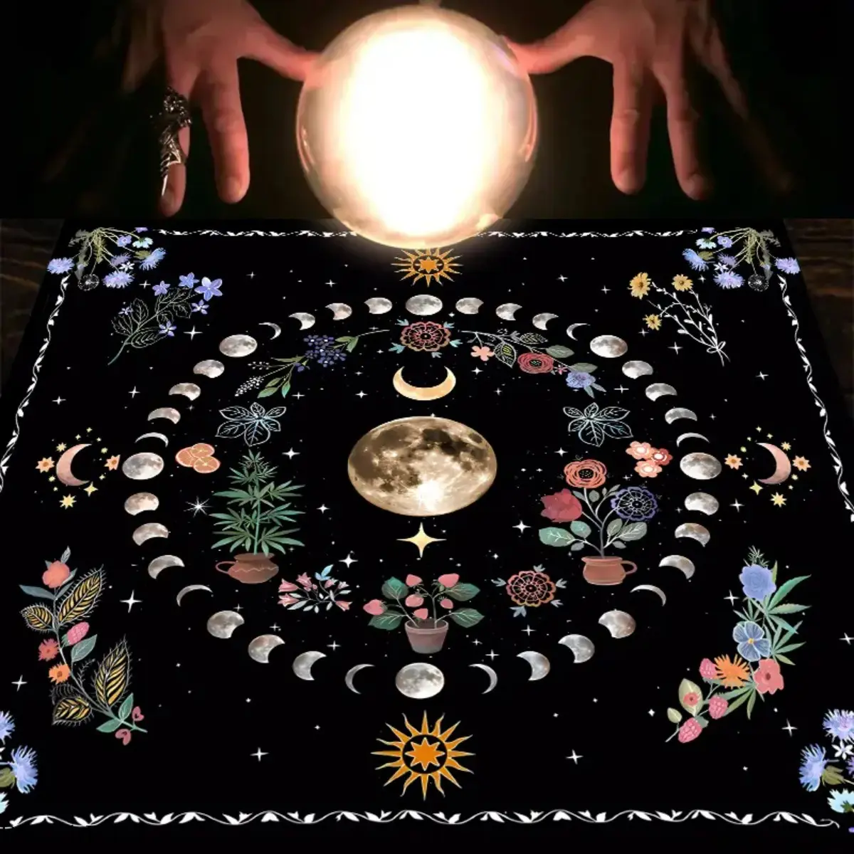 Celestial Tarot Cloth, Whimsical Moonlight Flower Fabric Divination Mat for Witchcraft Altars and Spiritual Fantasy Home Decor, Whimsical Home Decor, Indoor, Square, 49X49cm, Flower Moon Motif, Celestial Print, Decoration tiktokshopbacktoschool
