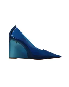 Pre-owned Amina Muaddi Amina Muaddi Ane Glass Wedge Pumps in Blue PVC by Rebag