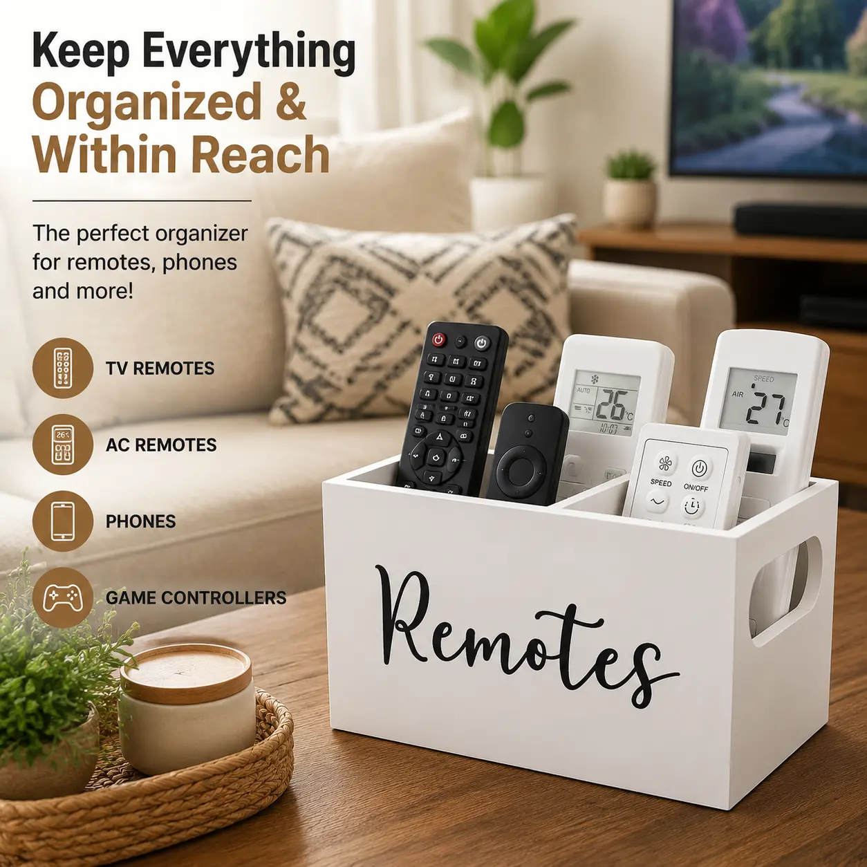 Remote Control Holder for Couch, Black Wooden Remote Organizer Box, TV Remote Storage Tray for Living Room Coffee Table Home Organization