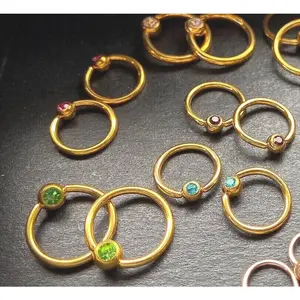 PAIR Gold Plated Gem Captive Bead Rings for Ears, Eyebrow, Septum, Nipples, etc