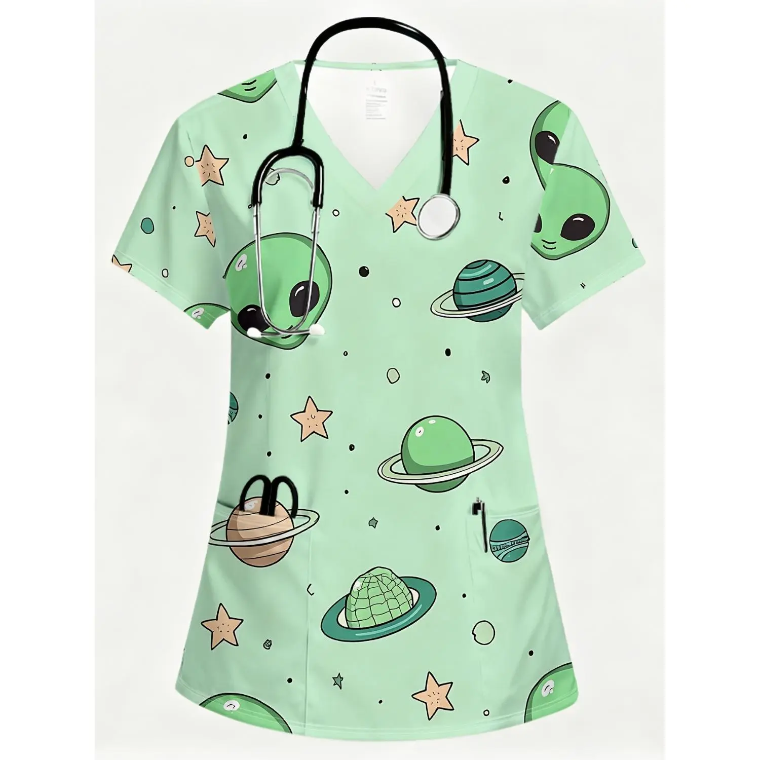 Cartoon Alien Style V-Neck Women’s T-Shirt with Front Pockets - Colorful All-Over Print, Soft & Washable Fabric