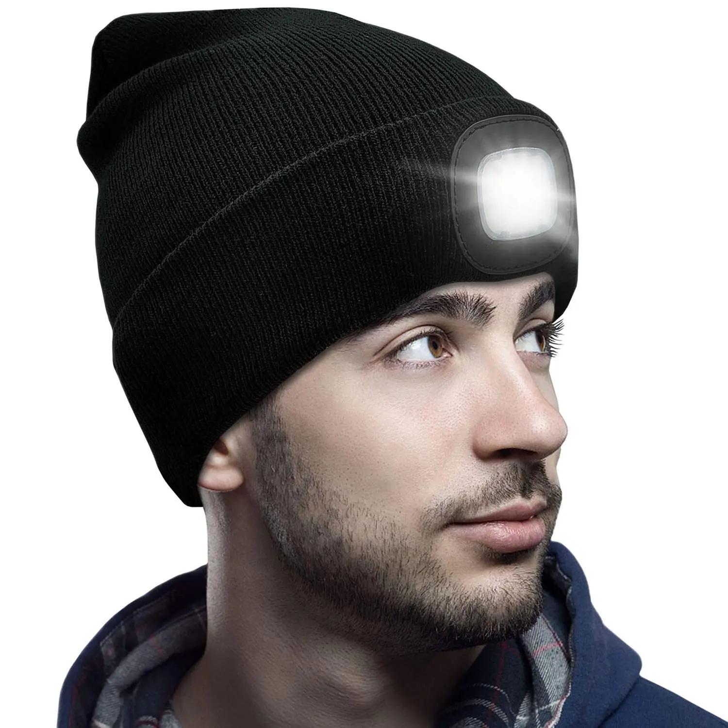 LED Beanie with Built-in Light, Unisex USB Rechargeable Winter Knitted Hat, Gift for Men, Dad, Husband, Him
