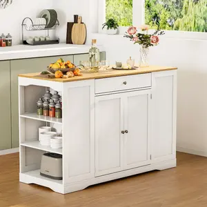 53" Mobile Kitchen Island Cart with Trash Cabinet, Spice Rack, Towel Bar & Drawers, White