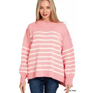 Zenana Exposed Seam Striped Oversized Sweater DK Pink - Casual Long Sleeve Drop Shoulder Medium Length Loose Fit Knitwear for Autumn Layering