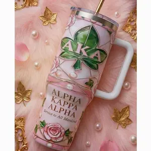 Alpha Kappa Alpha Tumbler with Handle – AKA Sorority Luxury Mug, Pink & Green Stainless Steel Cup, Perfect AKA Gift