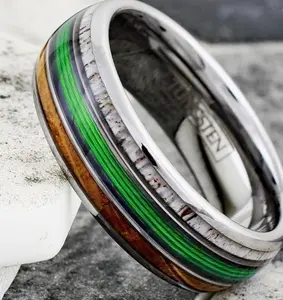 Men's Ring Manly Tungsten Carbide Band Wedding Engagement Green Fishing Line Whiskey Barrel & Deer Antler