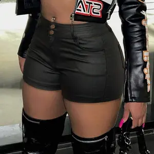 Women's Sexy High Waist PU Leather Mini Shorts - Stretchy Fit, Button Front, Slant Pockets, Shiny Texture, Summer Holiday/Beach/Casual Wear, Easy to Match with Crop Tops