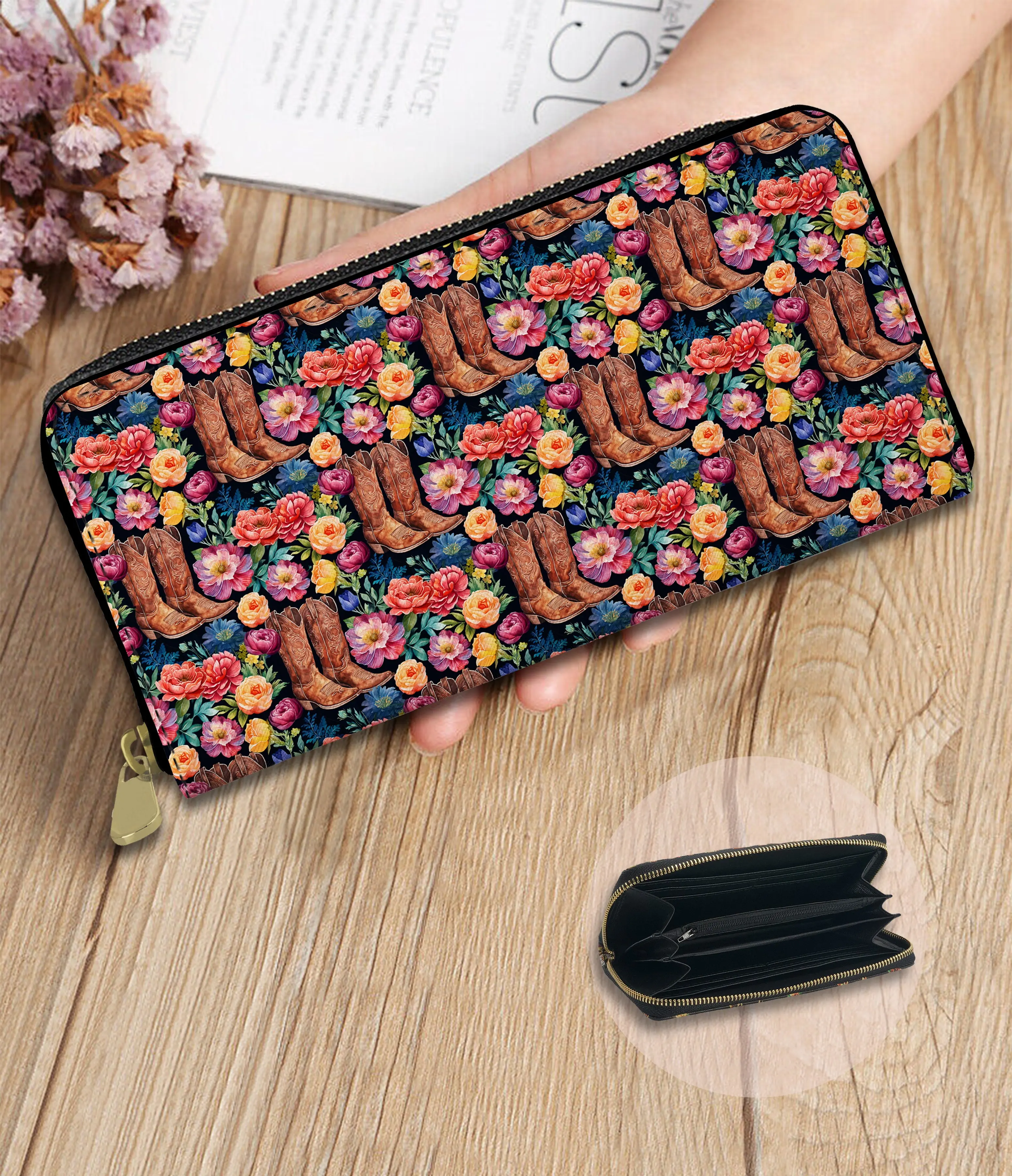 Cowgirl Boots Zip Around Wallet w/ Wrist Strap (ready to ship)