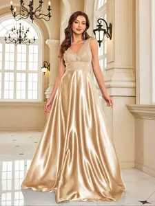 Women's Plain Backless Zipper Back Contrast Sequin Evening Dress, Elegant Deep V Neck Sleeveless Maxi Dress for Party & Banquet, Ladies Summer Clothes