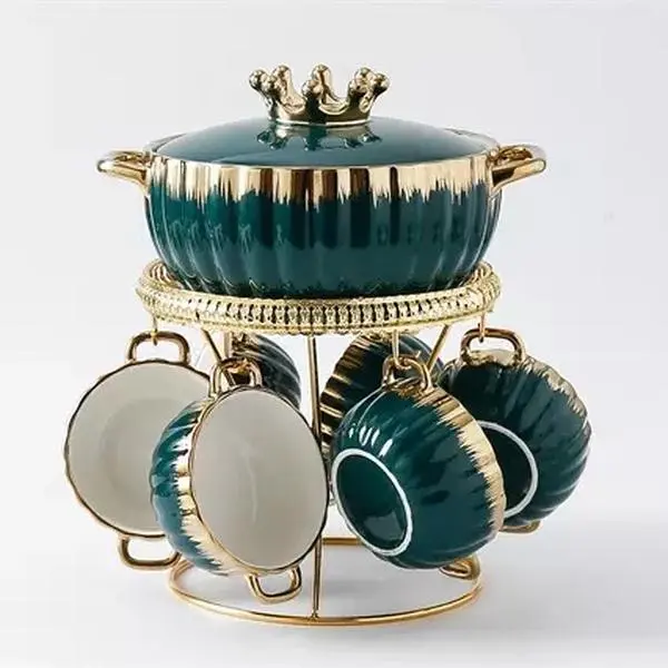 Nordic Ceramic Soup & Stock Pots Cookware Set - Luxury Porcelain Tureen with Stand and Soup Bowls