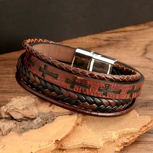 New Punk Styie Cross Leather Bracelet Creative Retro Personalized Magnetic Buckle Brown Men's Leather Bracelet