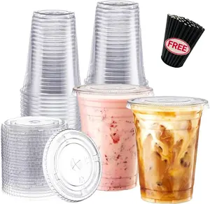 [FREE STRAWS] 200 Sets Clear Plastic Cups With Flat Lids, Disposable Cups With Lids for Cold Drinks, Milkshake, Smoothie, Iced Coffee and TO-GO Drinks Decorations Supplies Parties