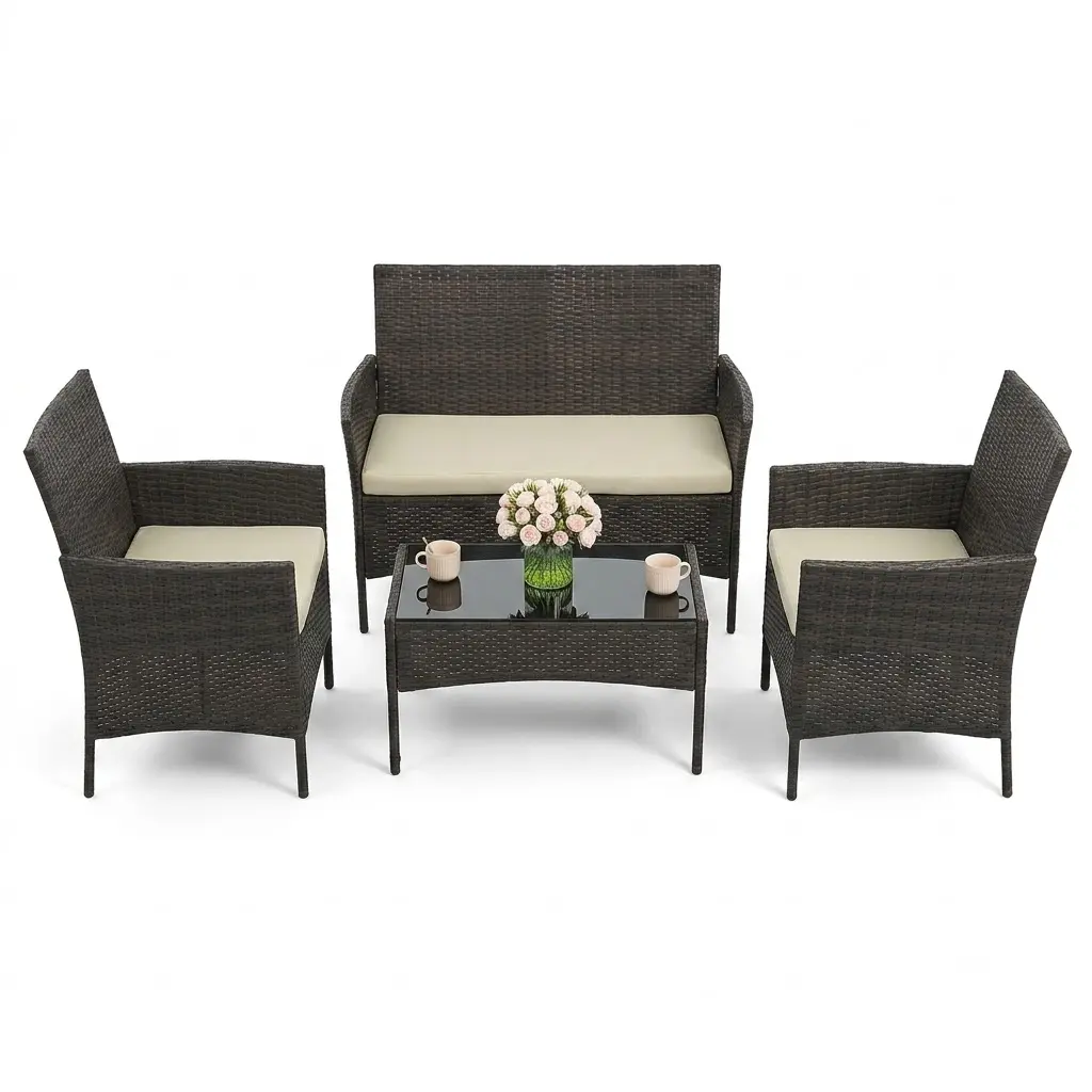 Modern 4-Piece Outdoor Patio Furniture Set, Premium All-Weather Wicker Rattan Sofa Set with 2 Chairs, Loveseat & Tempered Glass Coffee Table, 350LBS Capacity Washable Cushions, Versatile Conversation Seating for Garden, Backyard & Balcony