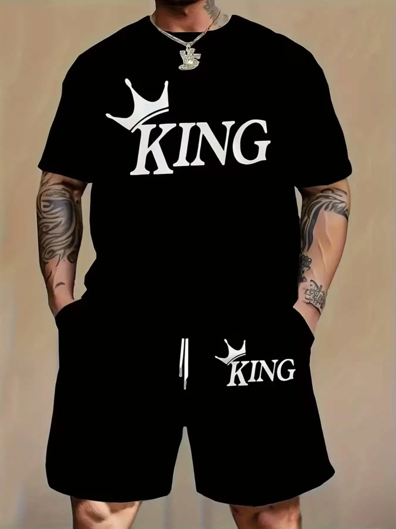 Men's Fashion T-Shirt and Casual Short Pants Set, Outfits, Crown Pattern 3D Digital Print, Geometric Design, Drop Waist, Fitted, Summer Wear