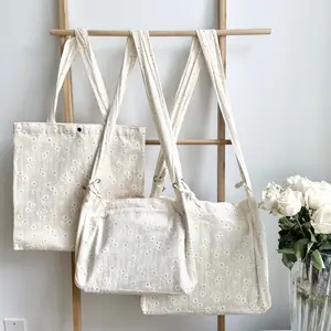 Cute Daisy Floral Tote Bag with canvas interior and hidden pocket for School, Work and Day to Day