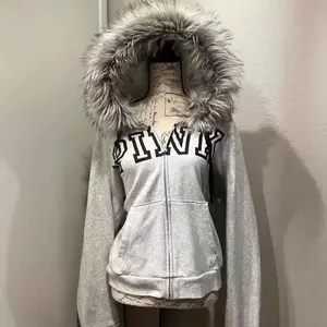 gray velvet thickened hooded sweatshirt jacket for women retro slim hottie design warm zipper jacket(Sheets)