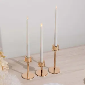 Set of 3 Metal Taper Candlestick Holders 3.5", 5.5", 8" Gold with Round Base - Hurricane Candle Stands
