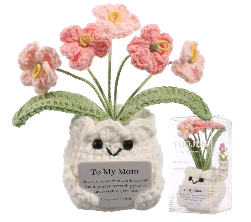 Crochet Forget Me Not Gift for Mom – Mothers Day Gifts from Daughter Son, Handmade Pink Flower Pot with Card “to My Mom”, Cute Desk Decor, Ready-to-Gift with Clear Box