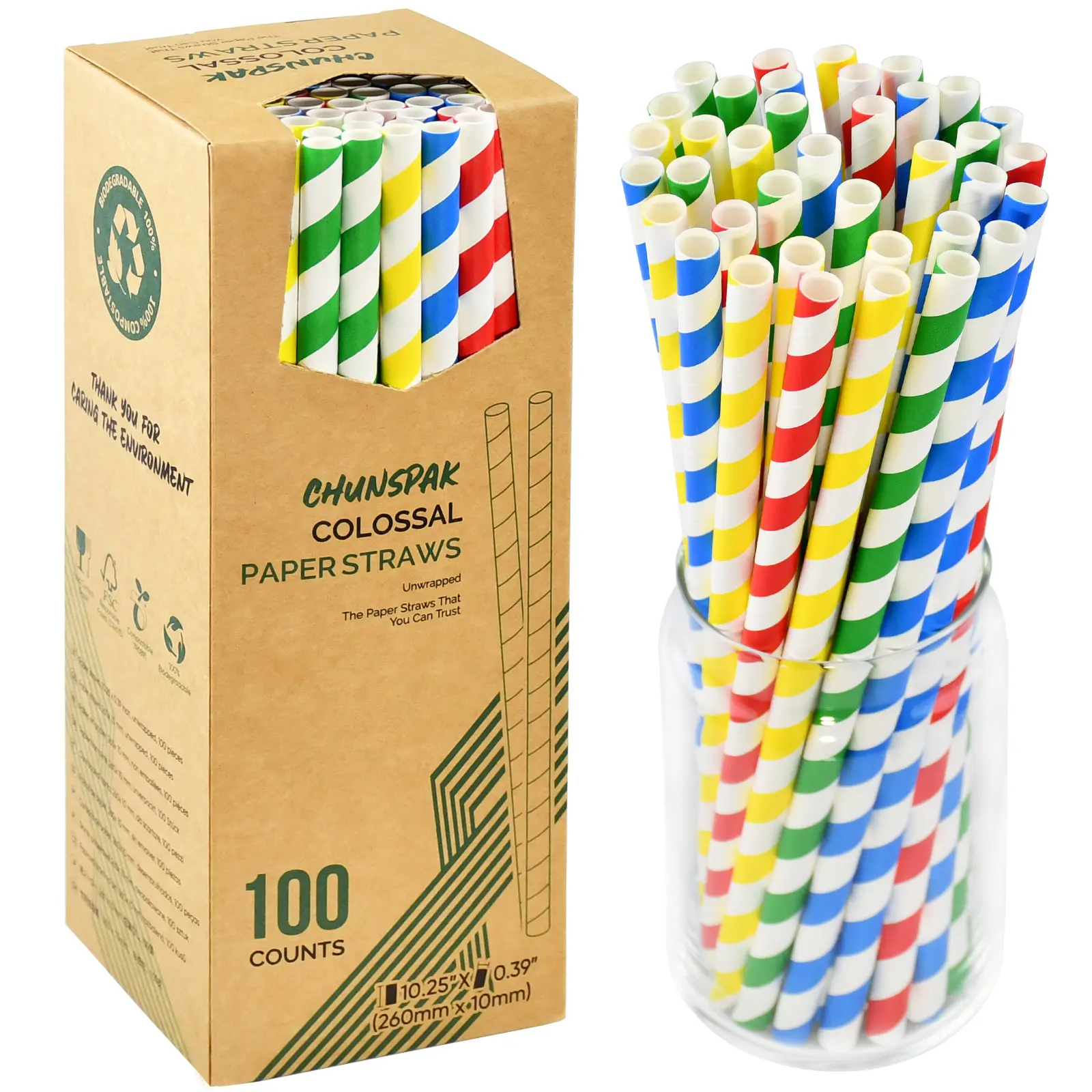 [10MM Wide] 10.25 Inch Extra Long Fat Sturdy Paper Drinking Straws for Smoothies, Milkshakes, Thick Frozen Drinks - 100 Counts, Colorful Stripes - Biodegradable