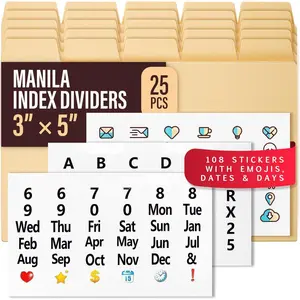 25 Heavyweight Manila Index Card Box Dividers - 3x5 with Tabs & 108 Stickers, Monthly & Recipe Guides, Greeting Card Dividers