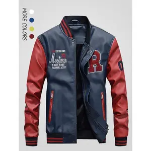 Men's Colorblock Letter Embroidery Button & Zipper Pu Faux Fur Bomber Jacket, Regular Fit Casual Long Sleeve Baseball Collar Zipper Pocket Outerwear for Fall & Winter, Men's Bomber Jacket Clothes for Daily Wear, Winter Clothing Men