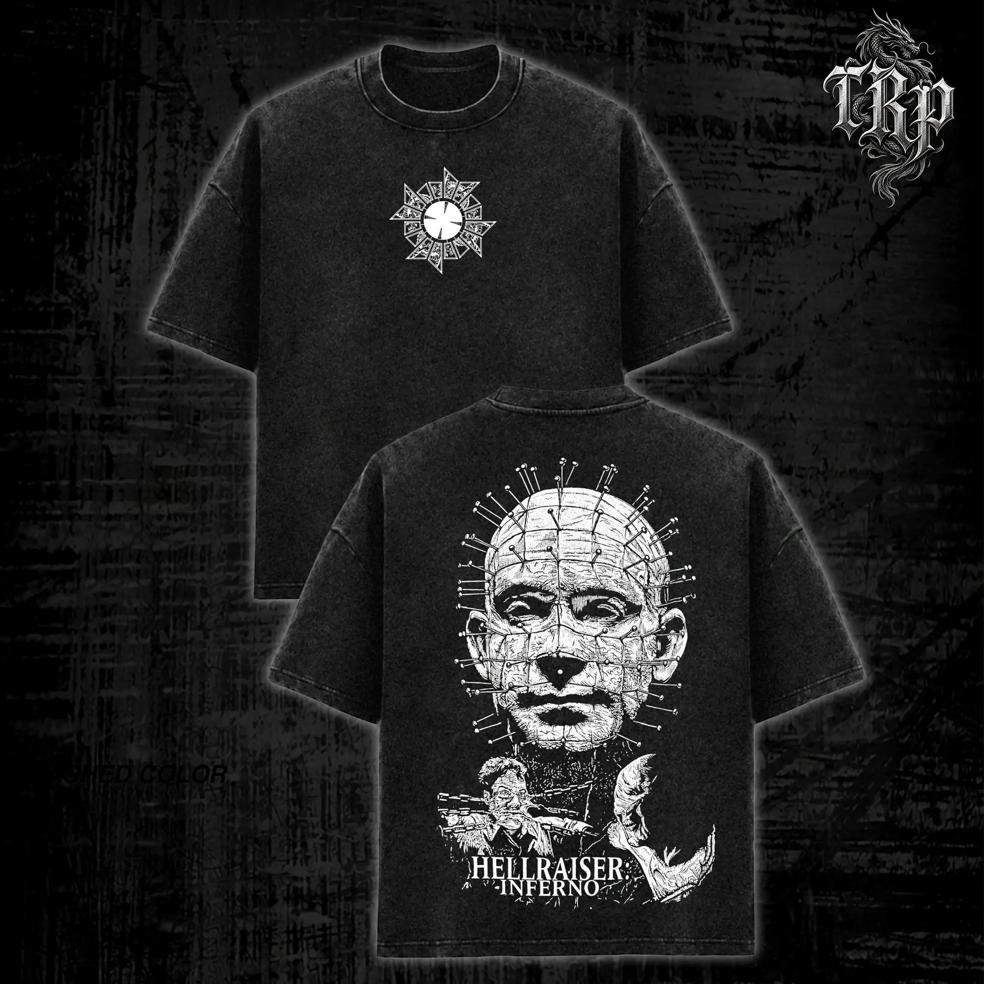 Hellraiser Inferno Pinhead Vintage Washed Oversized Hoodie & Tee, Double-Sided Dark Horror Graphic Pullover, Retro Cult Movie Streetwear, Soft Cotton Unisex Hooded Top