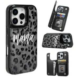 Creative Black Gray Leopard Pattern Leather Card Holder Phone Case, Suitable for iPhone 17 Air/16 Plus/15 Pro Max/14 Pro/13/12/11/XS Max/X Phone Case, Perfect Gift for Thanksgiving and Christmas for Family, Friends, Lovers, Boyfriend, Girlfriend