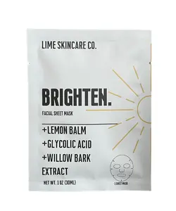 Lime Skincare Co. Brighten Facial AHA Sheet Mask with Lemon Balm, Glycolic Acid & Willow Bark Extract - 1 Sheet Mask (30ML)