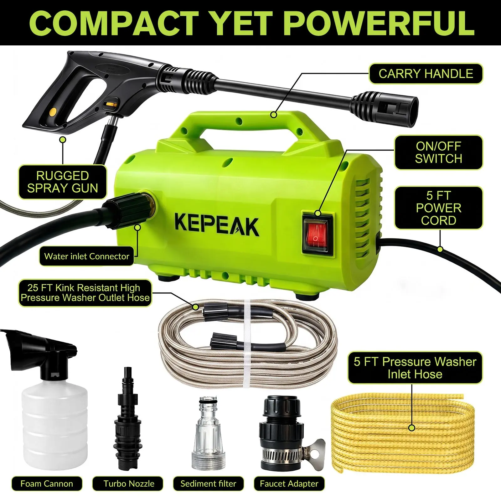 【ToolUpgrade】KEPEAK Portable Electric Pressure Washer, 1500PSI 2GPM Power Washer with Foam Cannon & 20FT High Pressure Hose, Auto Stop Pump, for Car, Patio, Driveway & Garden Cleaning