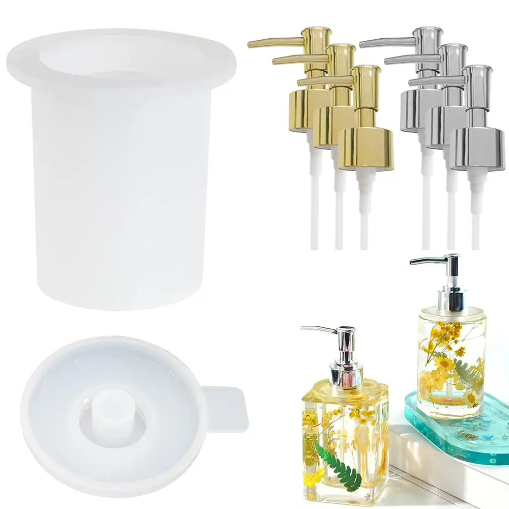 8Pcs/Set Pump Bottle Resin Mold,Including 2 Square Silicone Bottle Mold and 6 Pump Dispenser for Storage Soap Lotions Hand Sanitizer and Creams,DIY Dispenser Pump Bottles,Christmas Party Gifts,Hand Tools Kits